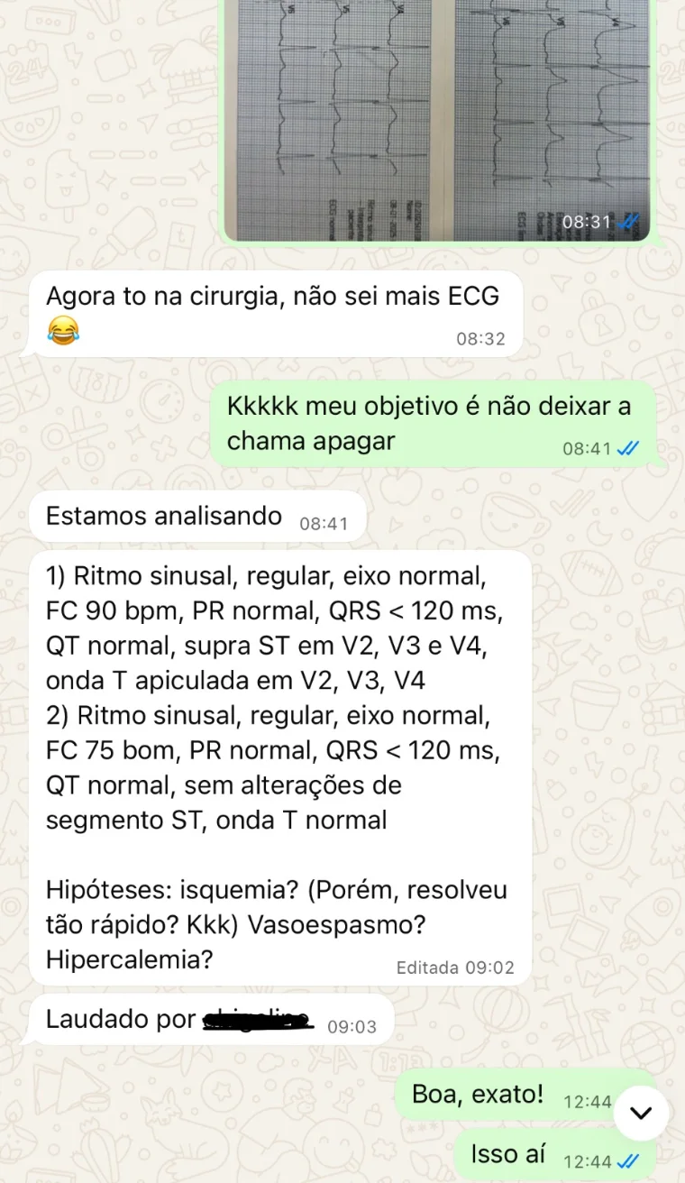Conversa de aluno laudando dois ECGs passo a passo