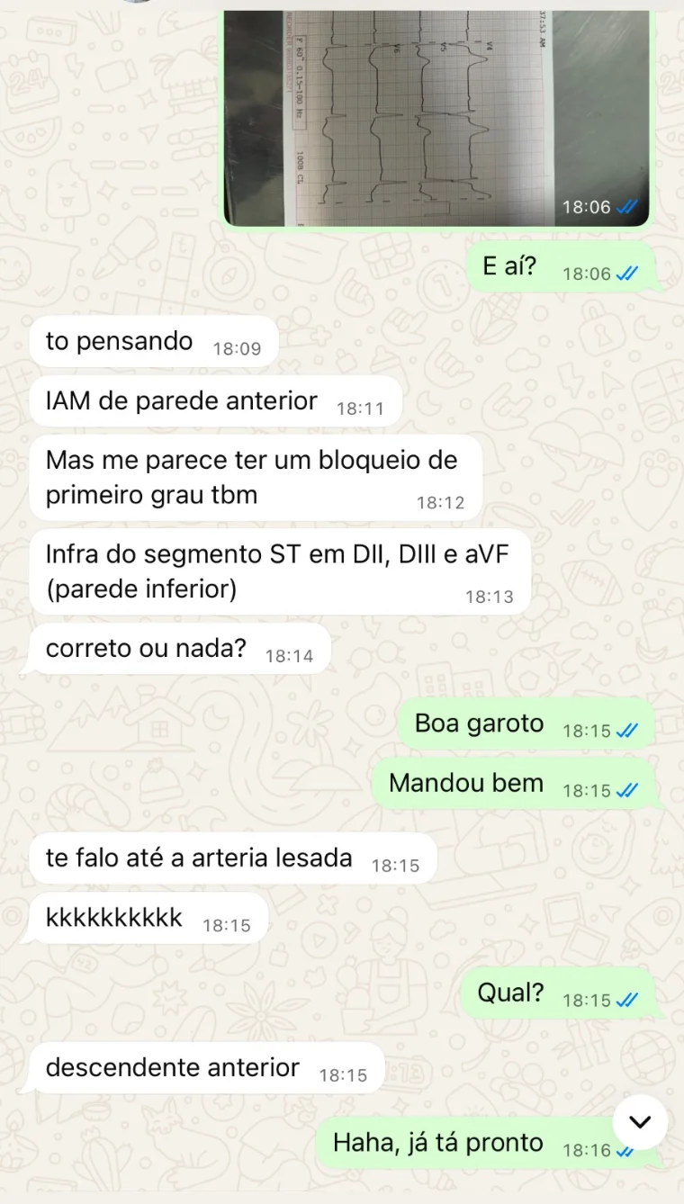 Conversa de aluno identificando um IAM de parede anterior e a artéria lesada