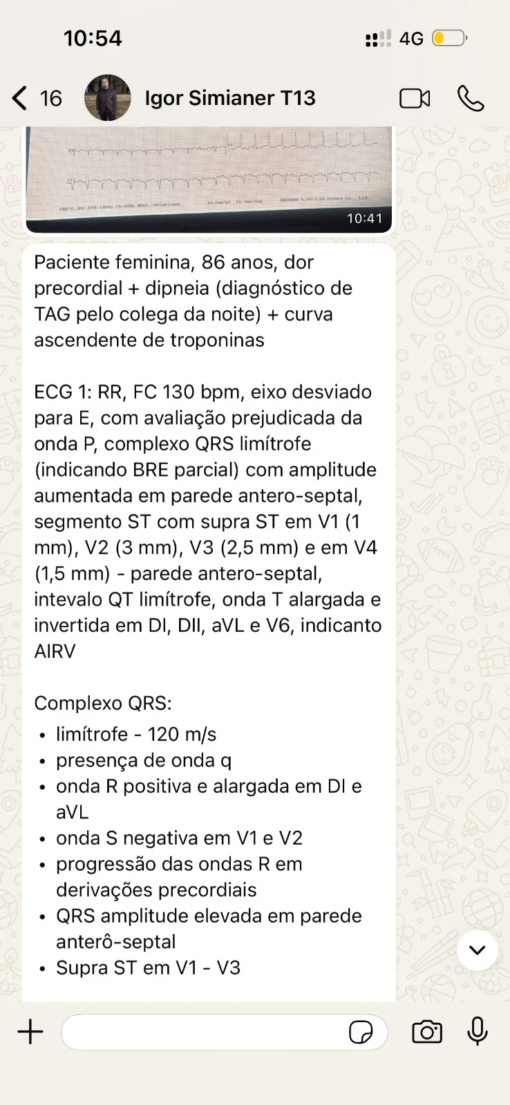 Mensagem de aluno com laudo completo de um ECG